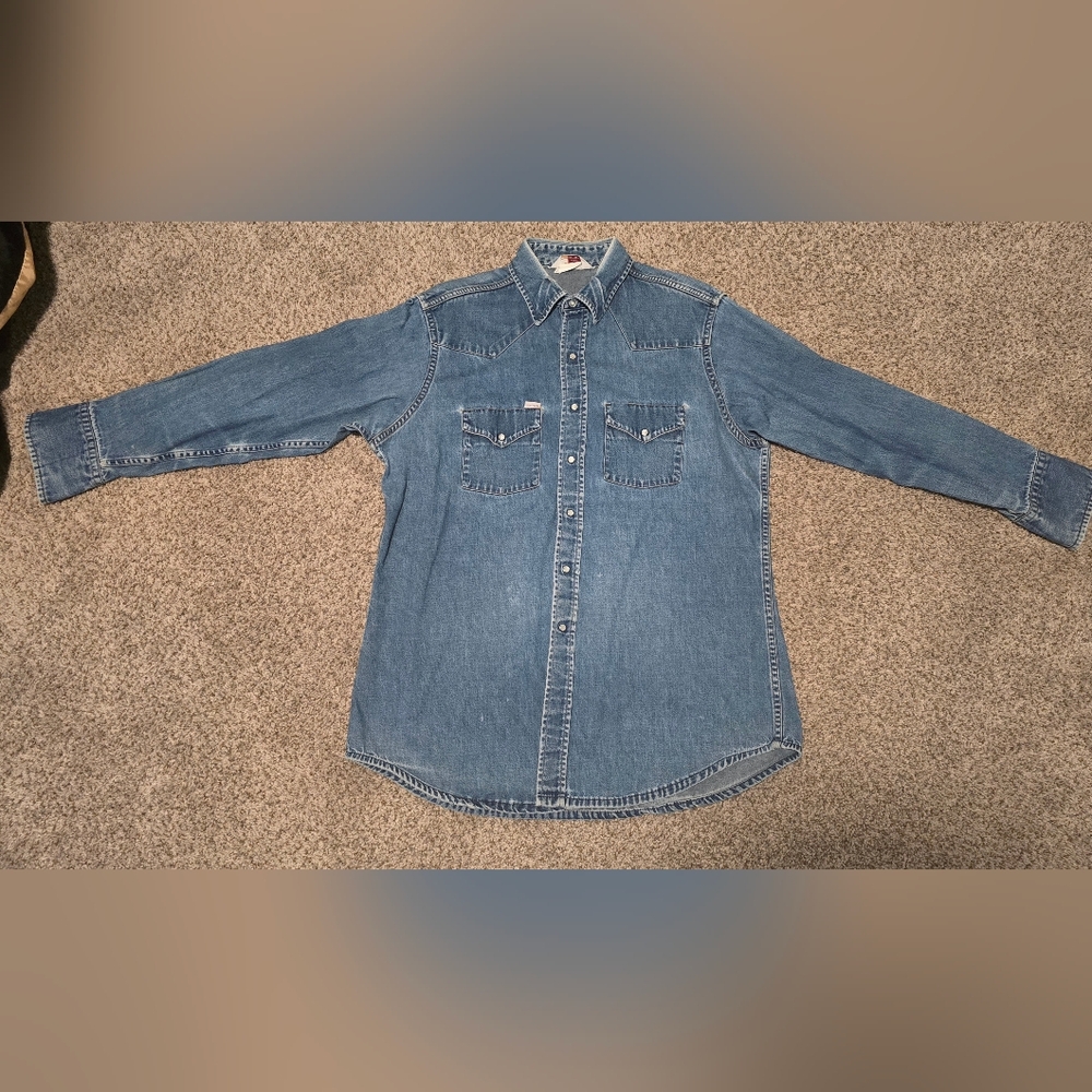 VTG Carhartt Shirt Mens L Blue Western Denim Pearl Snap Long Sleeve 90s SM HOLES
